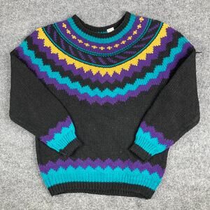 Forenza Sweater Womens Size M Black Multicolor Retro Knit Pullover Wool Blend